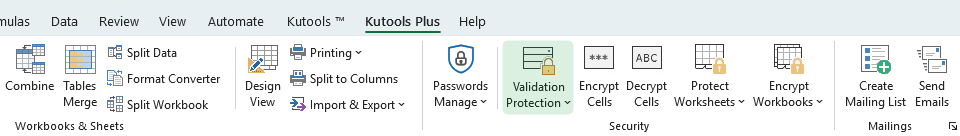 Validate Protection on the Kutools Plus ribbon in Excel