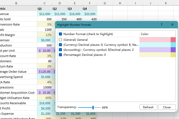 Highlight Number Formats dialog box