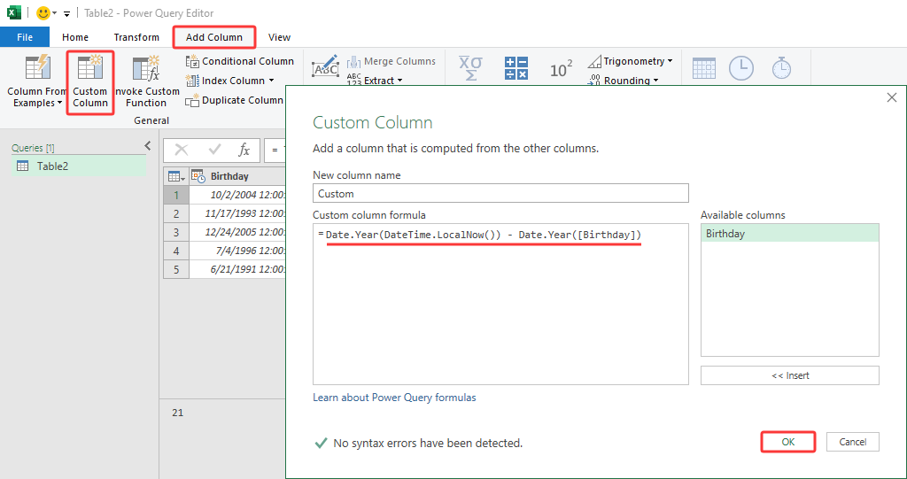 use formula to calculate years in Power Query