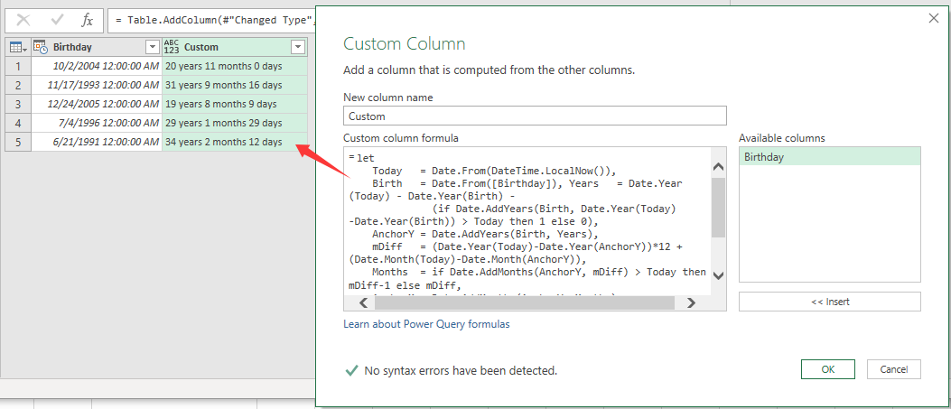 use formula to calculate years, months and days in Power Query