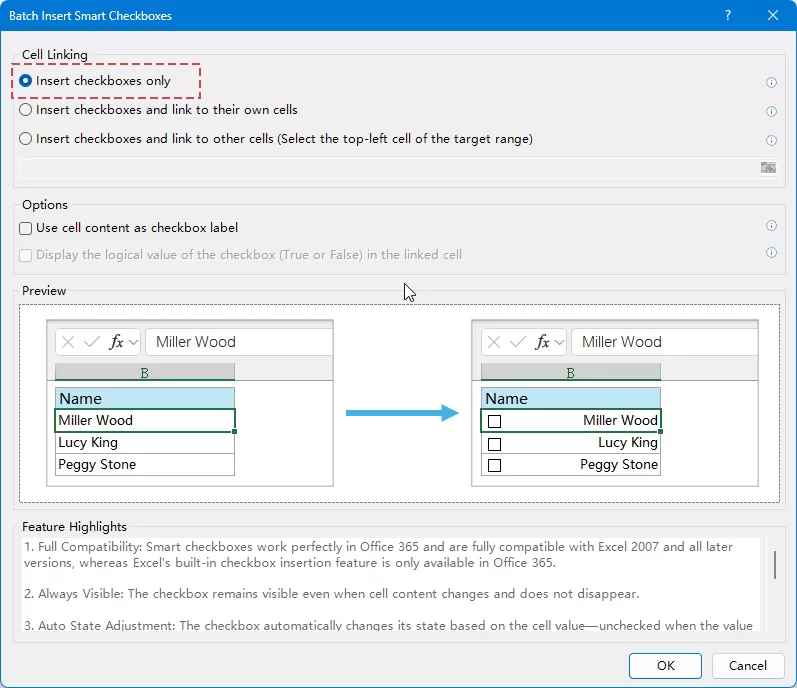select insert checkboxes only option