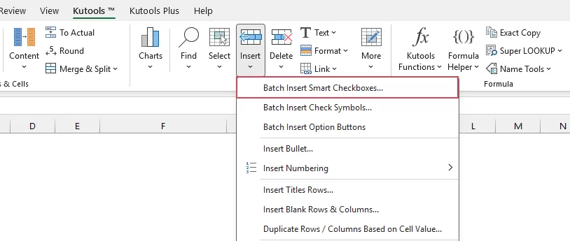 A screenshot of the Kutools for Excel menu showing the Batch Insert Check Boxes option