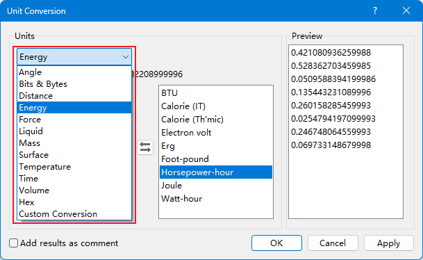 A screenshot showing Kutools for Excel's Unit Conversion tool with other unit options