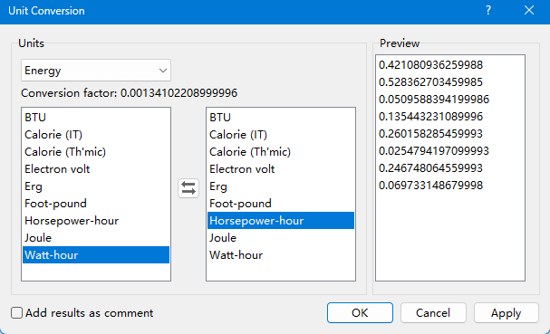 A screenshot showing the Unit Conversion dialog for converting watt-hour to Horsepower Hour in Excel
