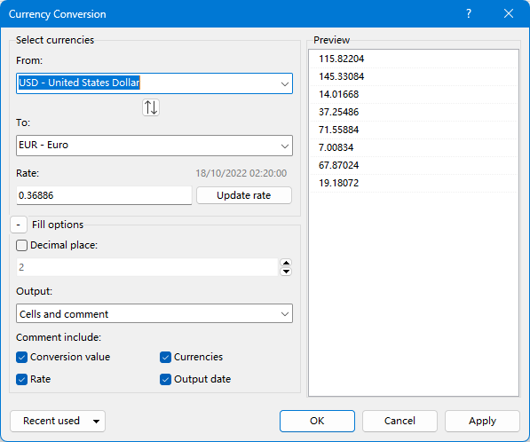 A screenshot showing Kutools for Excel currency conversion options