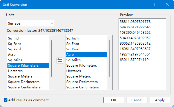 A screenshot of the Unit Conversion dialog with hectare to acre conversion selected