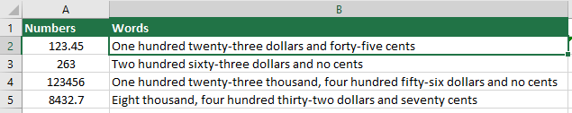 A screenshot showing converting numbers to words in Excel