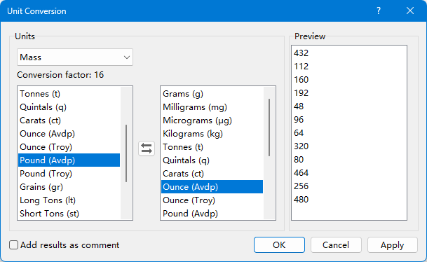 Unit Conversion dialog