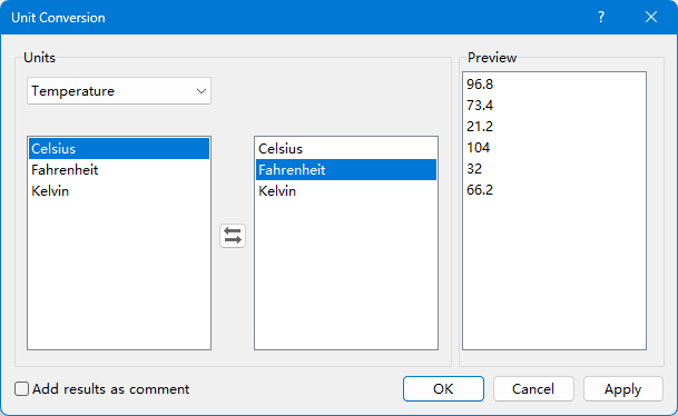 screenshot of converting temperature units with kutools for excel dialog