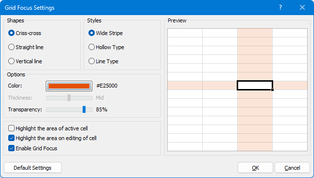 A screenshot of the Kutools Grid Focus dialog