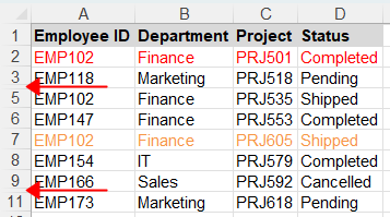 Duplicate occurrences are hidden in Excel