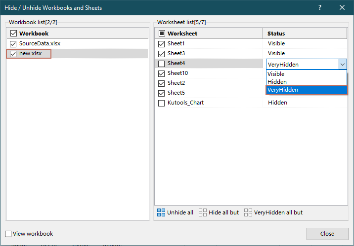 A screenshot of the Hide / Unhide Workbooks and Sheets dialog box