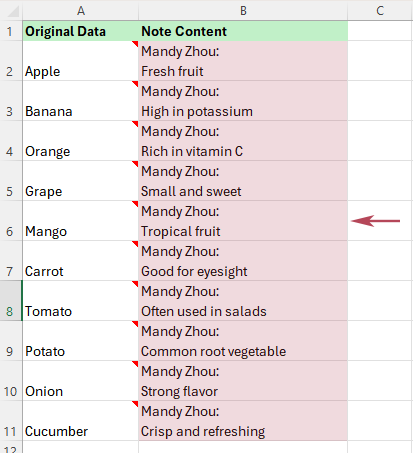 The note text is inserted into the adjacent cells