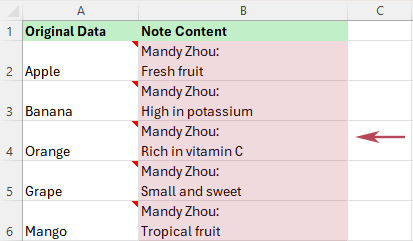 Insert Note Content into a Cell in Excel