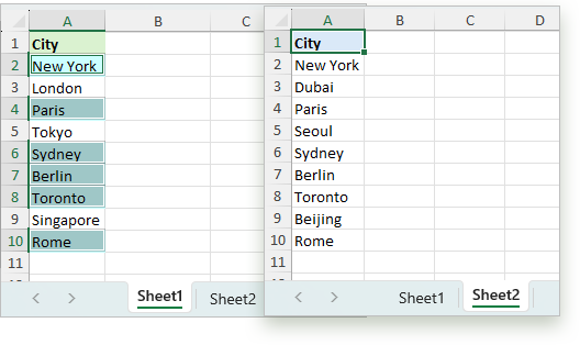 Select and highlight matching or different corresponding cells between two worksheets
