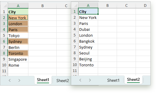 Select and highlight same or different values between worksheets