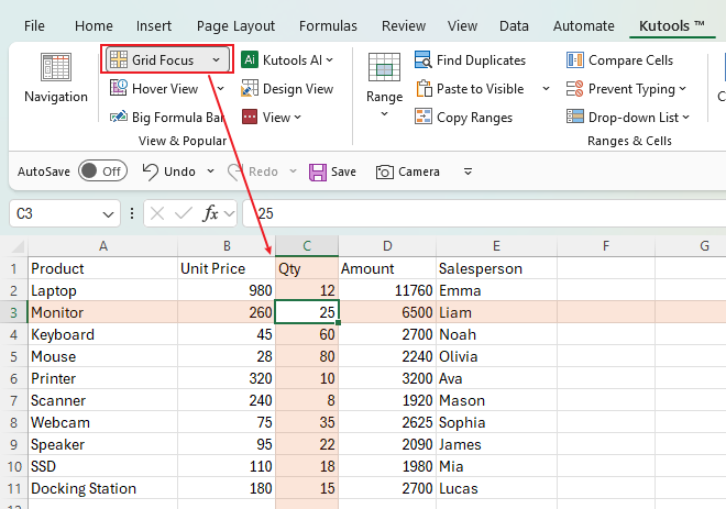 A screenshot showing the Grid Focus feature of Kutools for Excel highlighting a selected cell's row and column