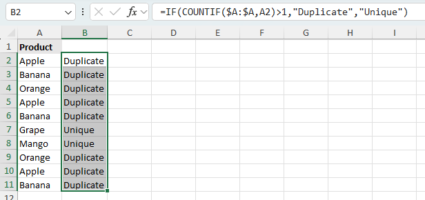 Using a COUNTIF formula in Excel to label duplicate and unique values in a helper column