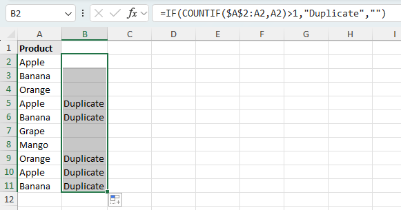 Using a COUNTIF formula in Excel to label only the second and later duplicates in a helper column