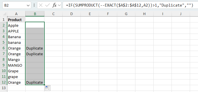 Using EXACT in Excel to label case-sensitive duplicates