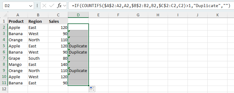 Excel worksheet showing duplicate rows identified with a COUNTIFS formula, where only repeated records are labeled as Duplicate and the first occurrence is left unmarked