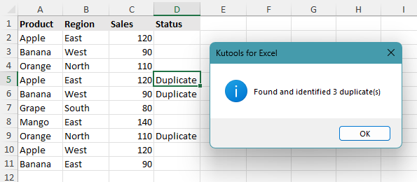 Worksheet showing duplicate marks added by Kutools for Excel and a confirmation dialog after identifying duplicate rows