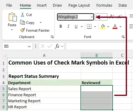 screenshot of changing the font style to wingdings 2.