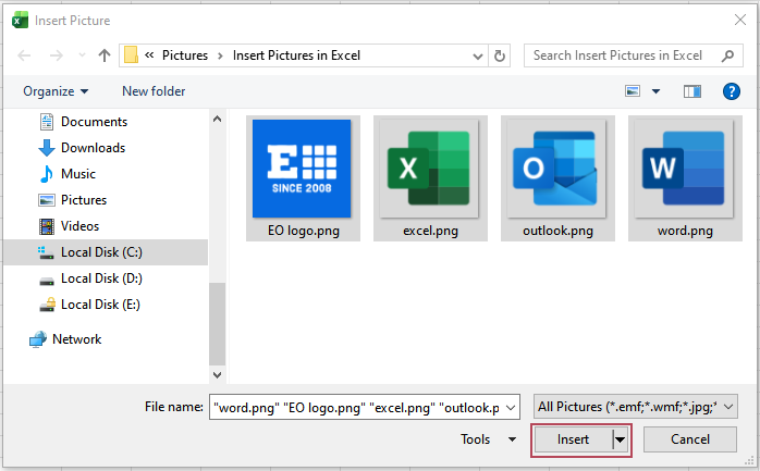 Select one or multiple pictures and Insert