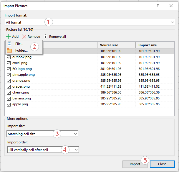 Add pictures and Configure import order and size