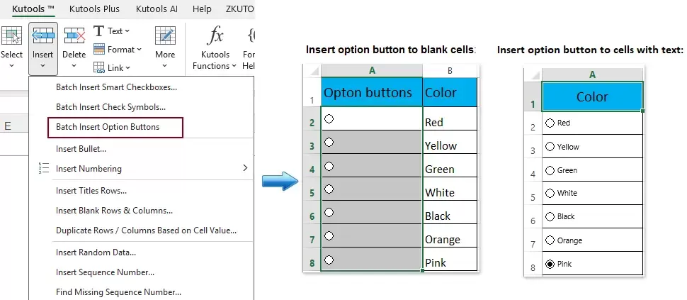 a screenshot showing how to insert batch of option buttons with Kutools for Excel