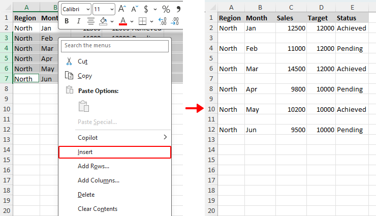 A blank row is inserted above each selected row