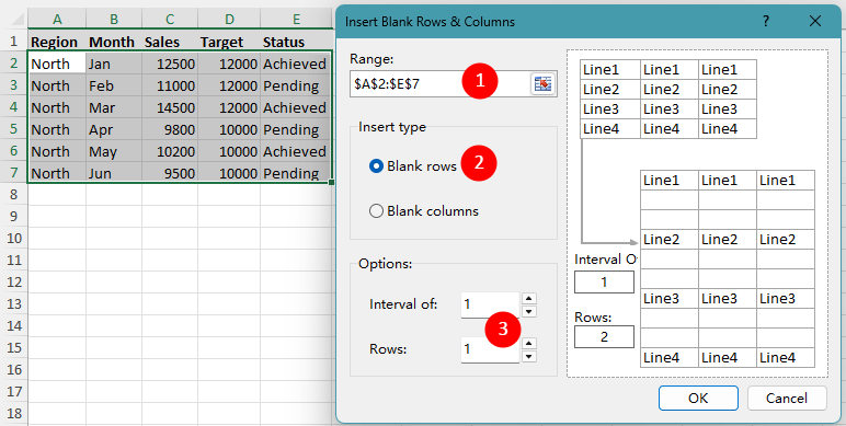 Insert Blank Rows & Columns dialog box