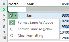 Insert Options button in Excel used to adjust formatting after inserting a row