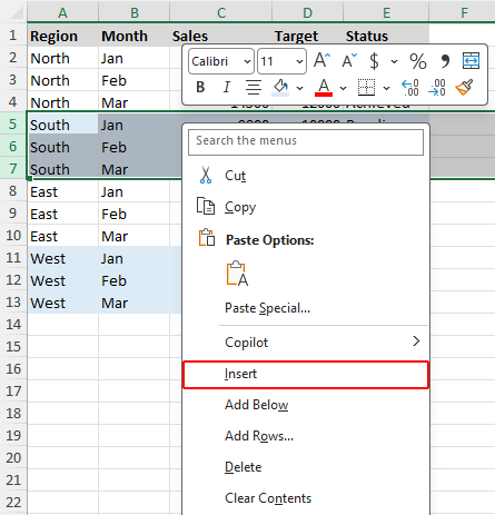 A new row inserted in Excel