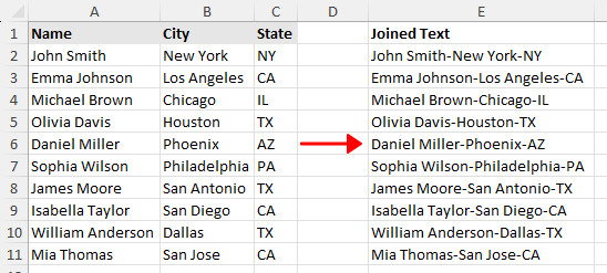 Text joined with a hyphen in Excel
