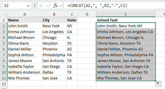 Using the CONCAT function in Excel to combine columns