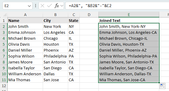 Using the & Operator in Excel to combine columns