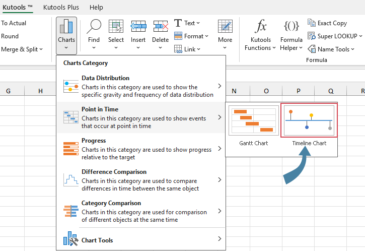 A screenshot of selecting Timeline Chart from the Kutools menu