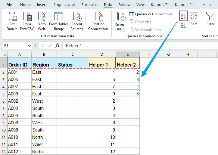 Sort by visible row helper column in Excel