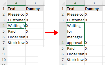 Before and after using Wrap Text in Excel to show the full content within the same cell