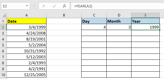 如何在excel中快速将日期拆分为单独的日,月和年?