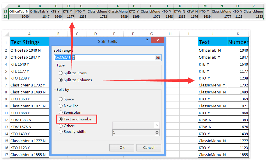 ad split cell separate text numbers