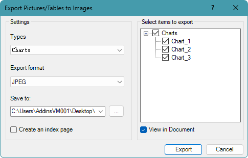 Export Pictures/Tables to Images dialog box