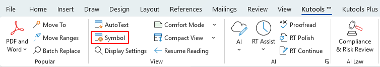 Symbol button on the Kutools tab on the ribbon