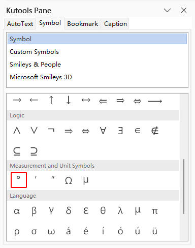 Kutools Pane with Symbol tab opened