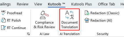 Document Translation option in the Kutools tab on the Ribbon in Microsoft Word