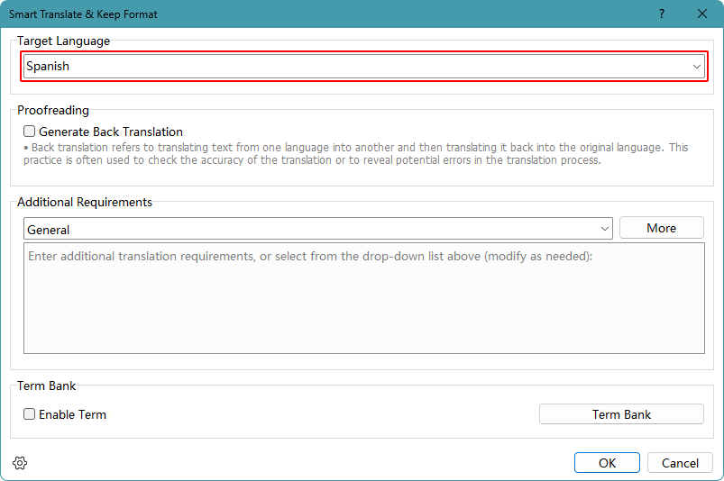 Smart Translate & Keep Format dialog box in Microsoft Word