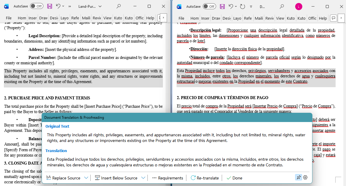Side-by-side comparison of original and translated documents in Word
