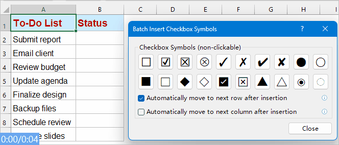 Batch insert check and cross symbols