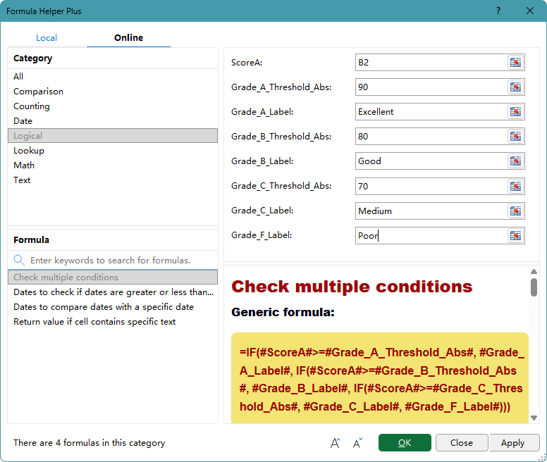 Formula Helper Plus dialog box